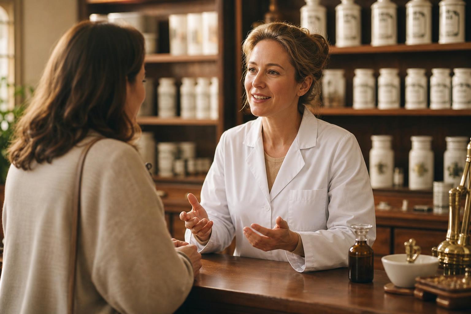 Apothekerin im Beratungsgespräch in warmer Atmosphäre